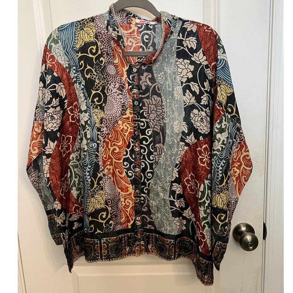 Johnny Was patchwork Yokohama Jordan Silk Button Front Shirt S Boho Lagenlook